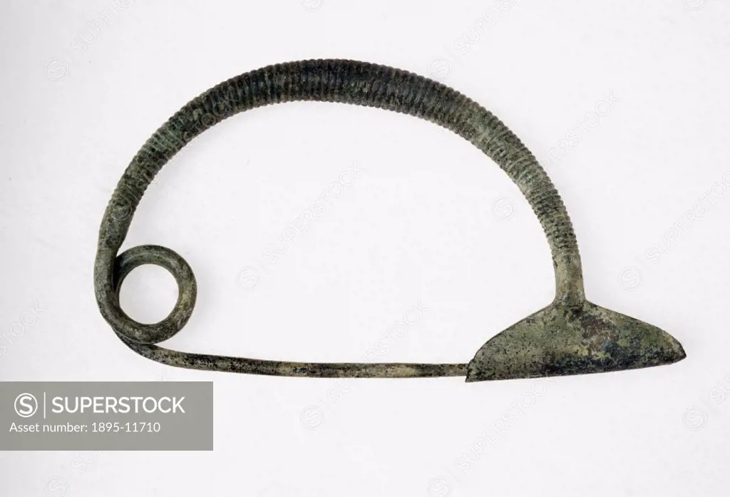 Found at Hallstatt in Austria, this Celtic brooch is made of bronze and deeply ribbed with a light green patina. Bronze is an alloy of copper and tin,...