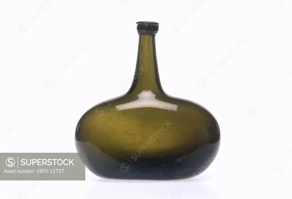 The surface of the glass of this German oval shaped bottle has become worn and scratched as the result of being buried underground for an extended per...