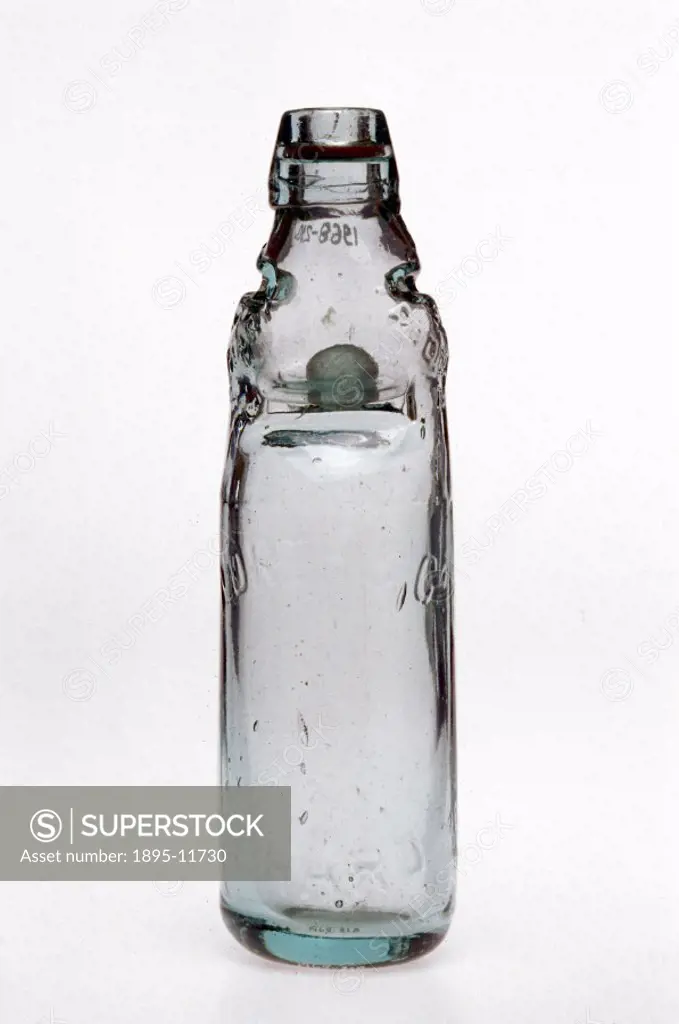 This is an example of Britain´s famous Codd glass stopper bottle which was invented by Hiram Codd in 1872 for use in the aerated water trade. The glas...