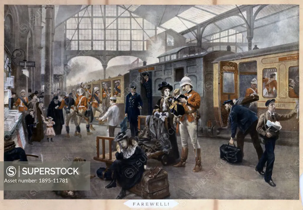Colour print from an original oil painting by Robert Alexander Hillingford (1828-1904), showing troops saying farewell to their families at Waterloo S...