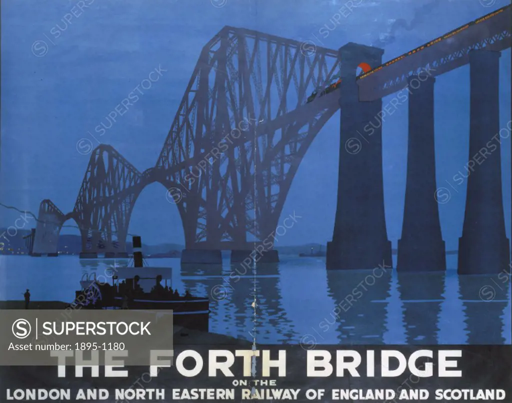 Poster produced for the London & North Eastern Railway LNER to promote rail services to Scotland. The poster shows a view of The Forth Bridge, which c...