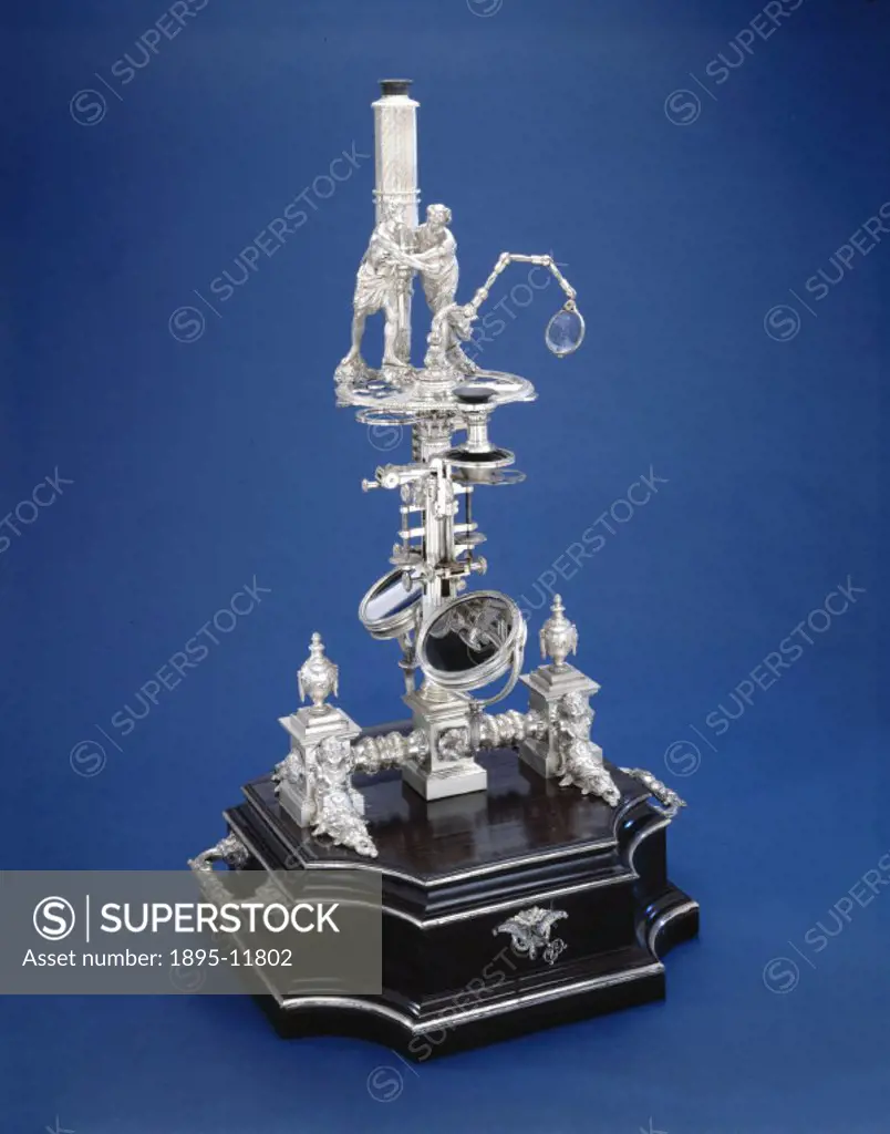 A silver microscope made for King George III (1738-1820) by George Adams (1709-1772) of Fleet Street, London. Adams and his son, George Adams (junior)...