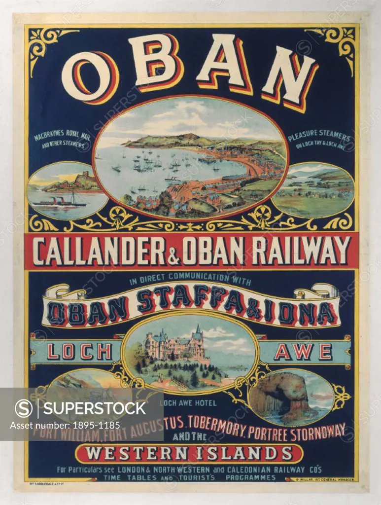 London & North Western Railway and Caledonian Railway poster of Oban and Loch Awe with six views of the Western Islands.