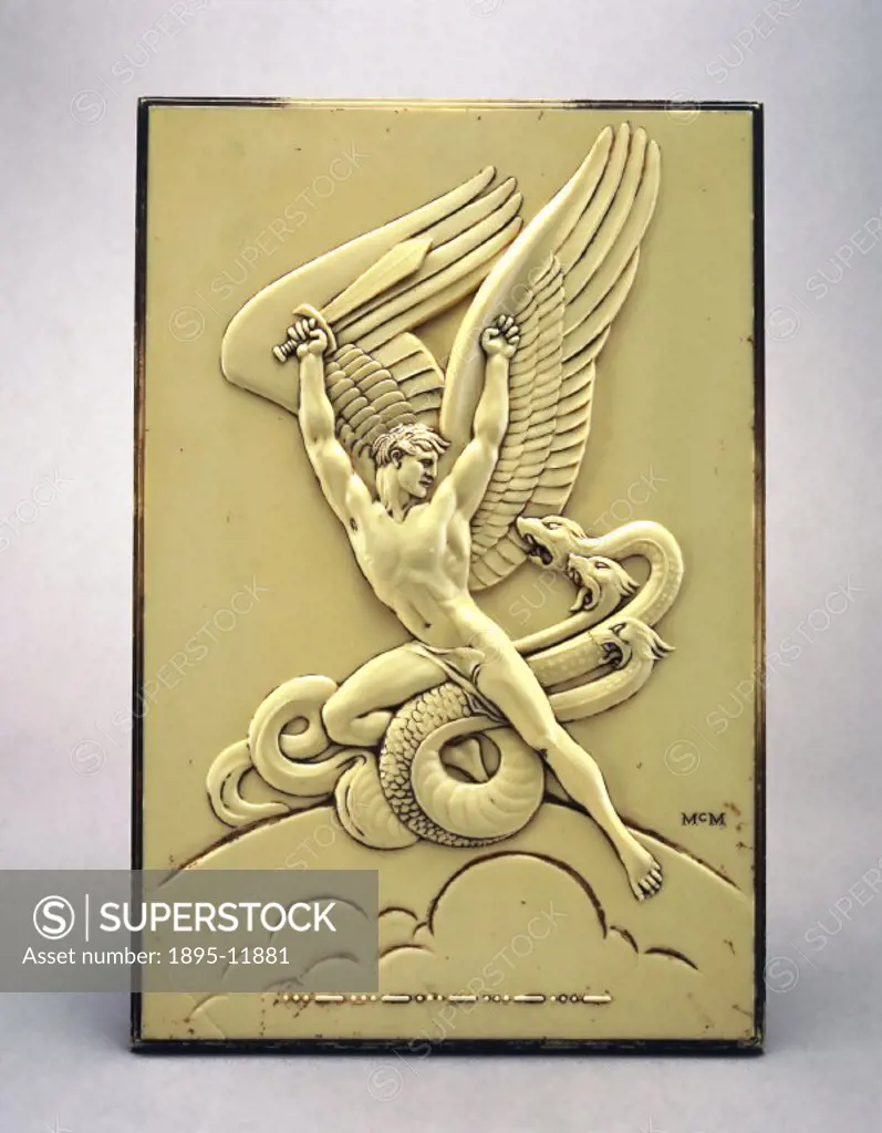 Made by De La Rue Plastics this is a rectangular plaque of cream urea formaldehyde, moulded with the figure of a naked male winged warrior. The warrio...