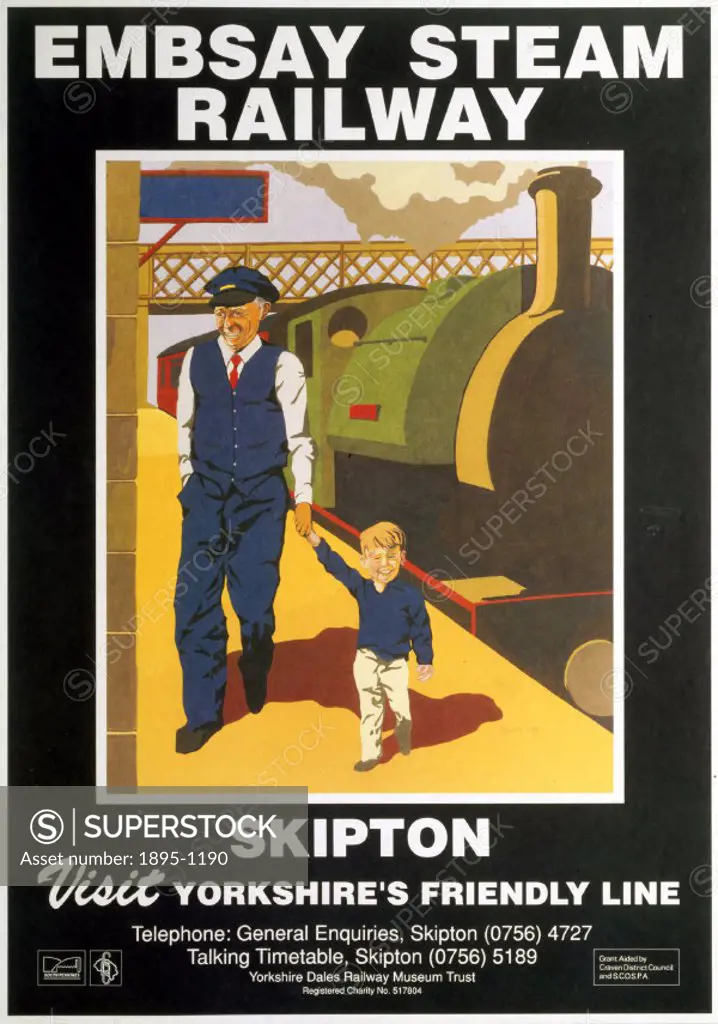 Advertising poster for Embassy Steam Railway, Skipton. Engine driver with small boy on platform. Steam engine in background. By the artist Stuart Bell...