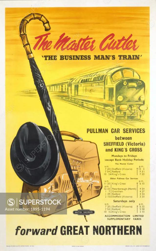 BR (ER) Poster: ´The Master Cutler - ´The Business Man´s Train´´. Sketch of diesel train, trilby hat, umbrella and brief case. Picture of inside of di...