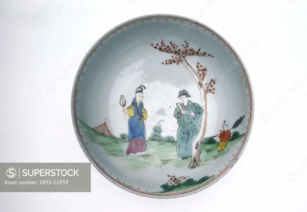 Porcelain saucer, made in a Bristol factory, painted with Chinese figures and landscape. Top view, showing decoration in the bowl.