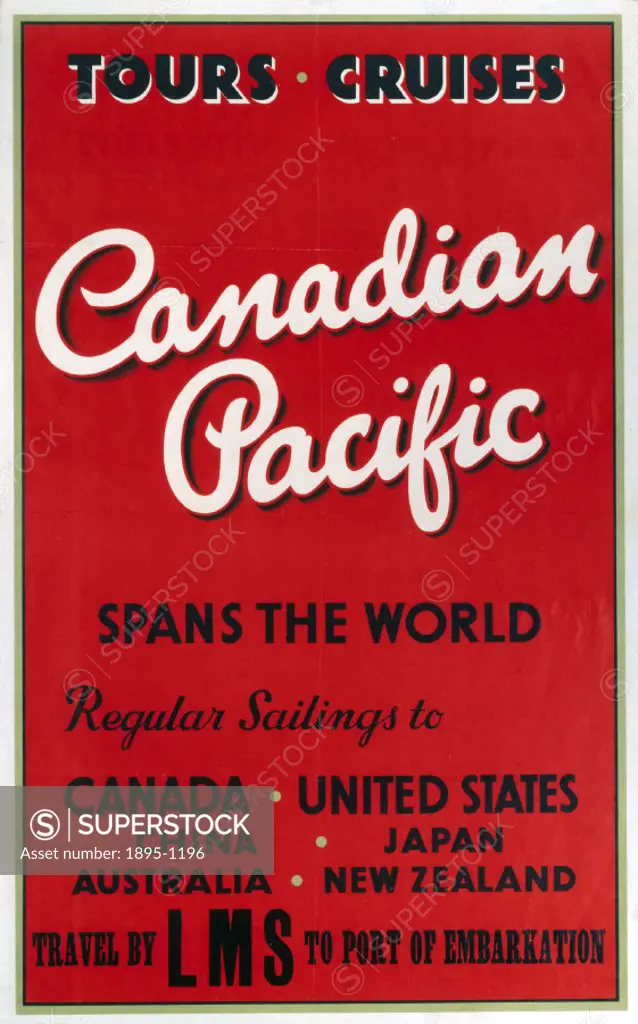 LMS Poster: Canadian Pacific - spans the world. White and red lettering on red background