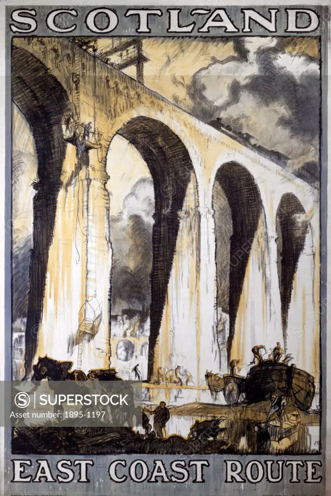 London & North Eastern Railway (LNER) poster, showing the Royal Border Bridge, Berwick, with train and signal gantry men working on masonary in Cradle...
