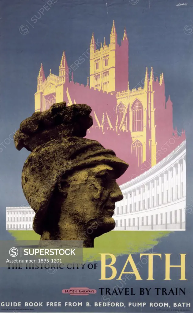 Poster produced for British Rail (Western Region) showing the stone head of a Roman centurion, the Royal Crescent and the cathedral. Artwork by Lander...