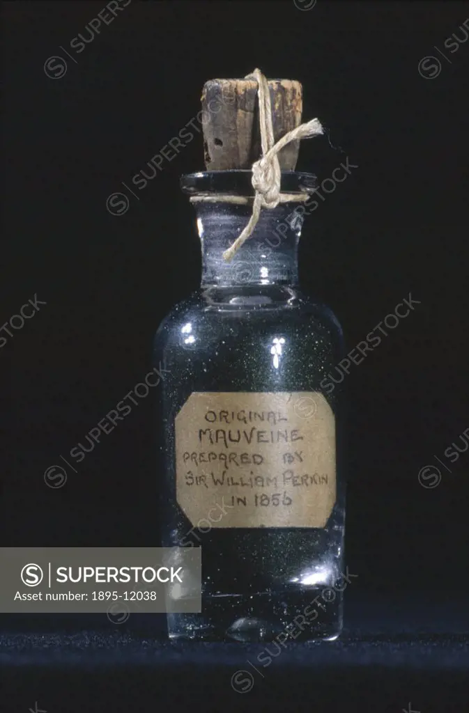 Sir William Perkin´s (1838-1907) original stoppered bottle of mauveine dye, labelled ´Original Mauveine prepared by Sir William Perkin in 1856´ (proba...