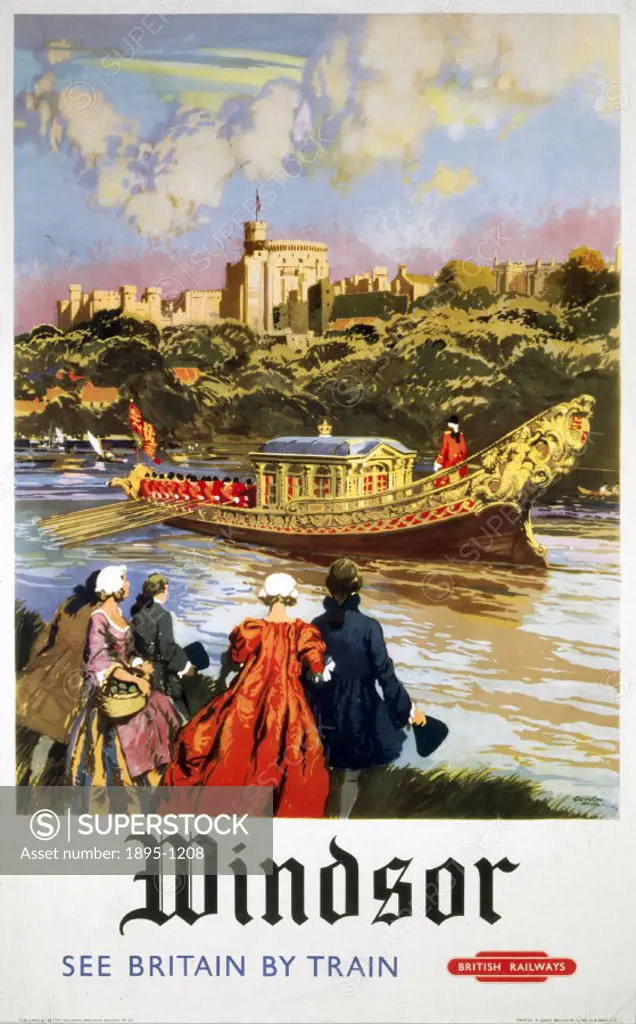 Poster produced for British Railways (Western Region) showing a royal barge on the River Thames at Windsor in Berkshire. In the foreground are people ...