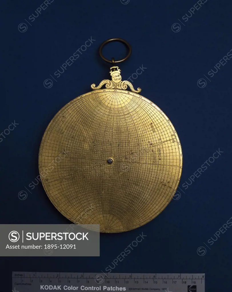 This gilded brass astrolabe was made by Gualterus (Walter) Arsenius, an instrument maker from Louvain, Belgium. An astrolabe is in essence a model of ...