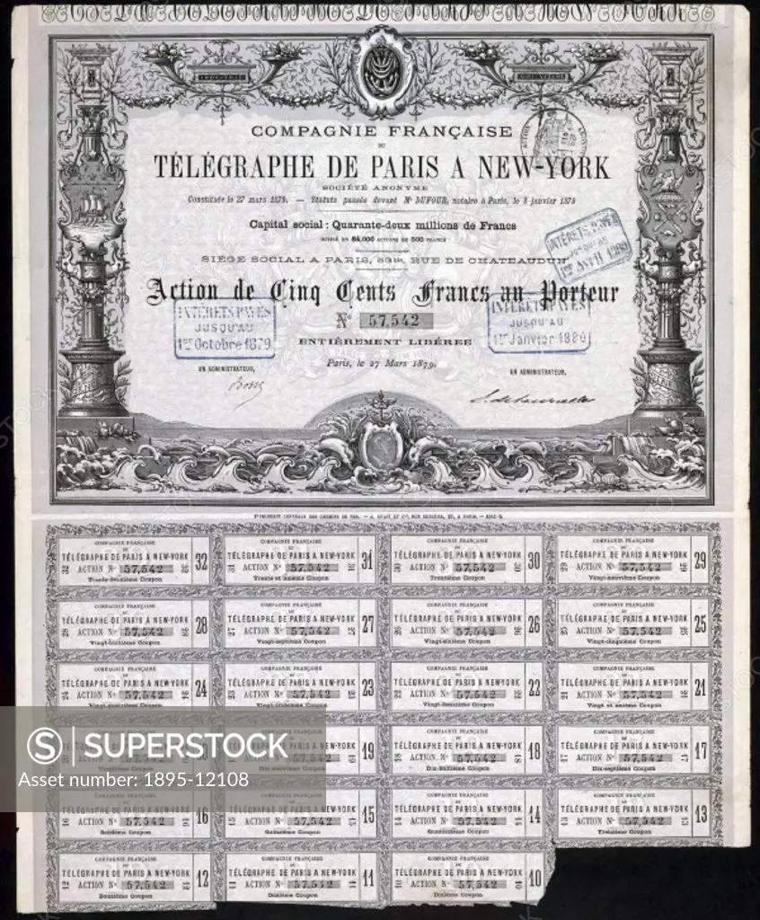 Certificate for the Compagnie Francaise Telegraphe de Paris a New York (French Telegraph Company from Paris to New York) for a share of 500 francs fro...