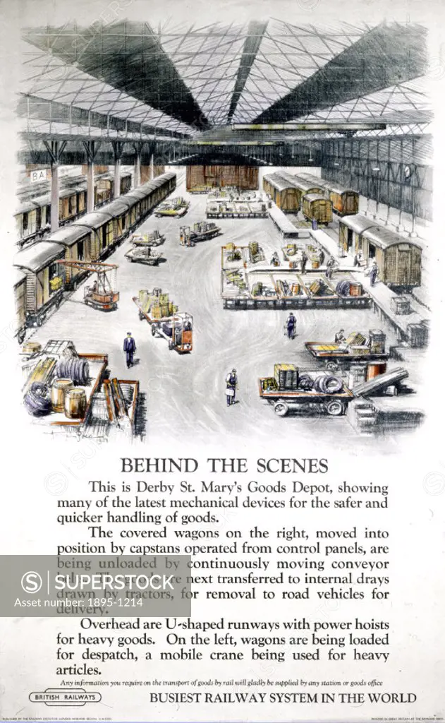 Railway Executive poster (LMR): Behind the scenes. Derby Goods depot in action, by artist Joseph Pike. 1951 PRINTER: Baynard Press