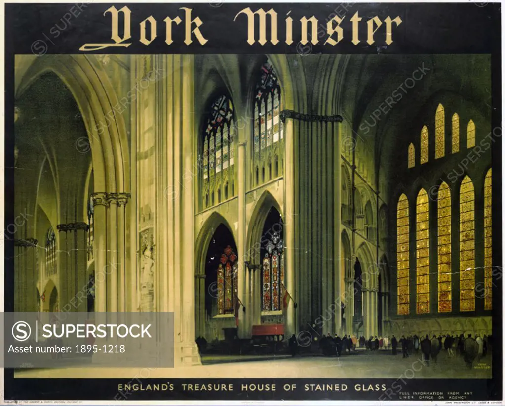 England´s Treasure House of Stained Glass’. London & North Eastern Railway poster showing the interior of York Minster, by artist Fred Taylor.