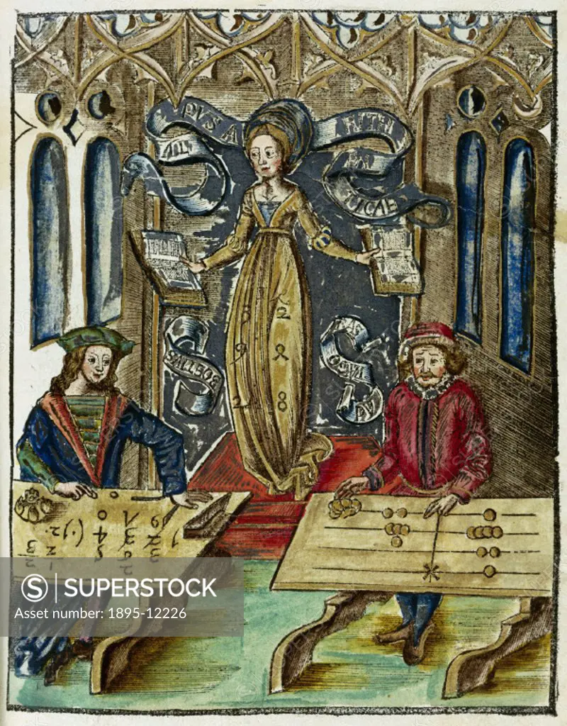 Hand-coloured woodcut from the ´Arithmetic´ section of the ´Margarita Philosophica´ (´The Philosophical Pearl´), by Gregor Reisch (1467-1525). First ...