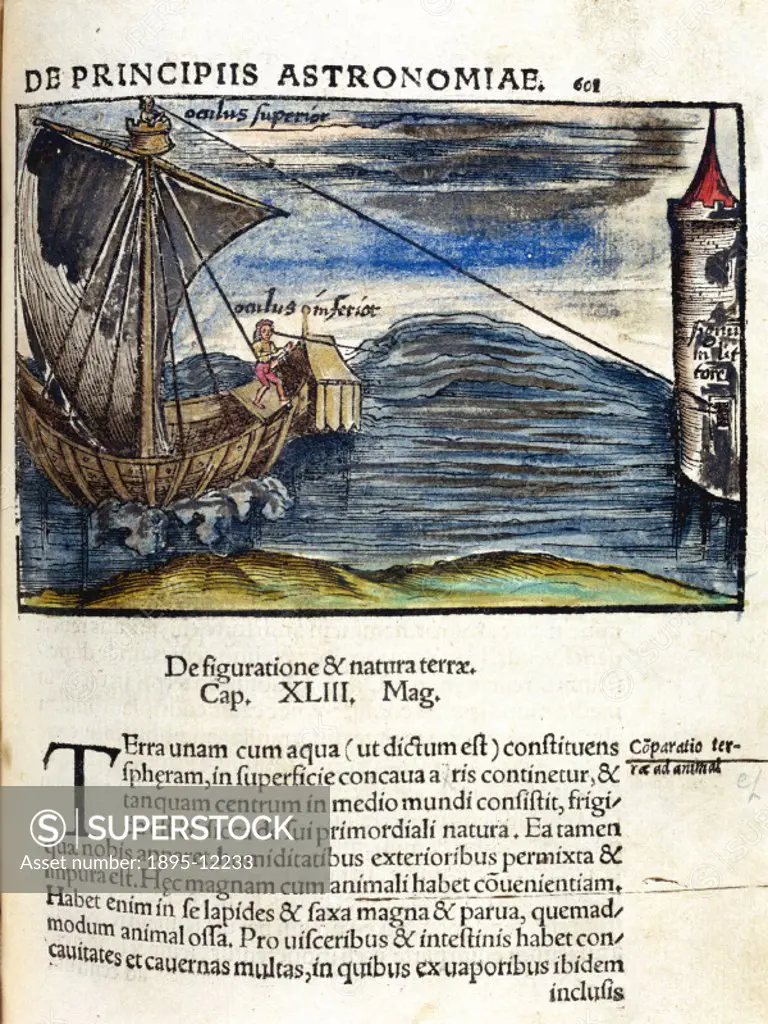 Hand-coloured woodcut illustrating a method for measuring distance to land from two positions on a ship. The upper measurement, (Oculis superior’), i...