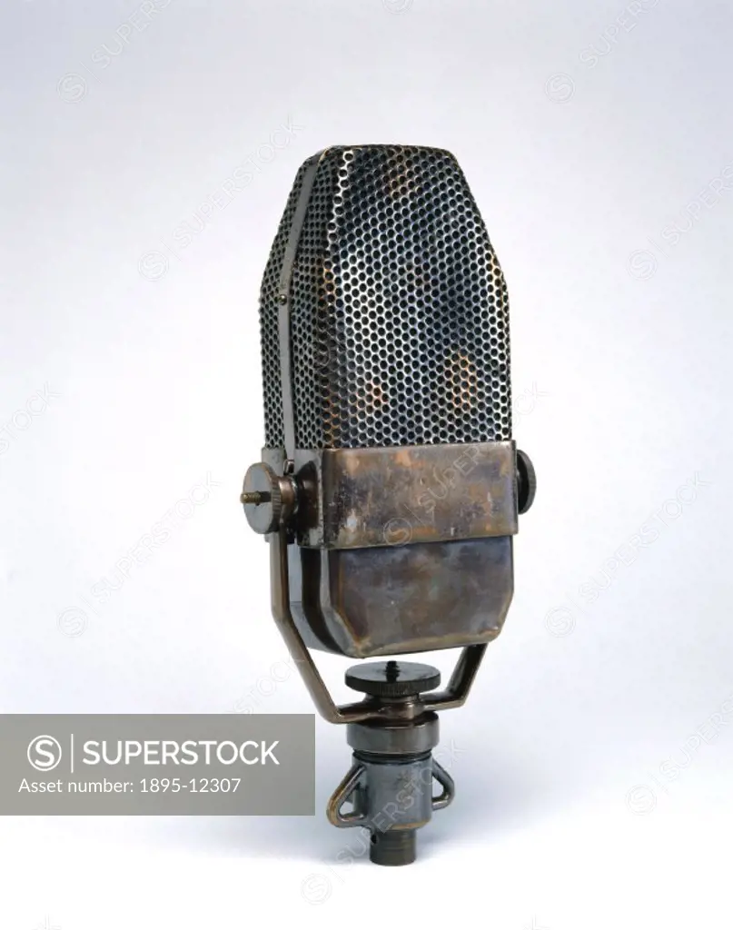 The Marconi ribbon microphone was used by the BBC until 1959. The tiny pressure changes, caused by the aluminium ribbon which is less than a thousandt...