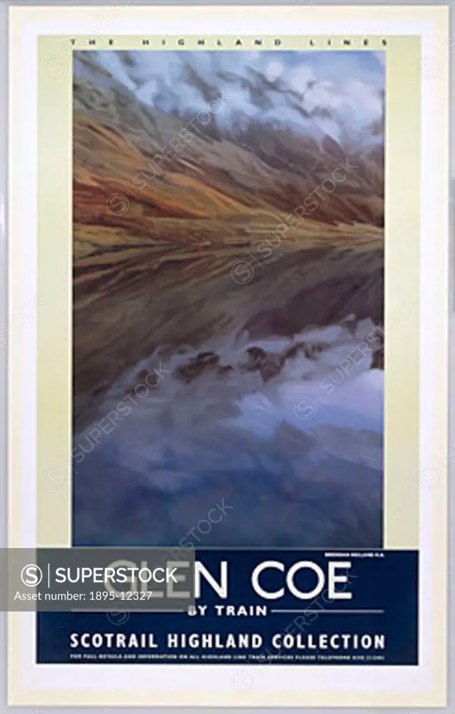 Scotrail poster advertising the Highland Line Train Service to Glen Coe, showing a landscape of mountains and lochs. Poster designed by Brendan Neilan...