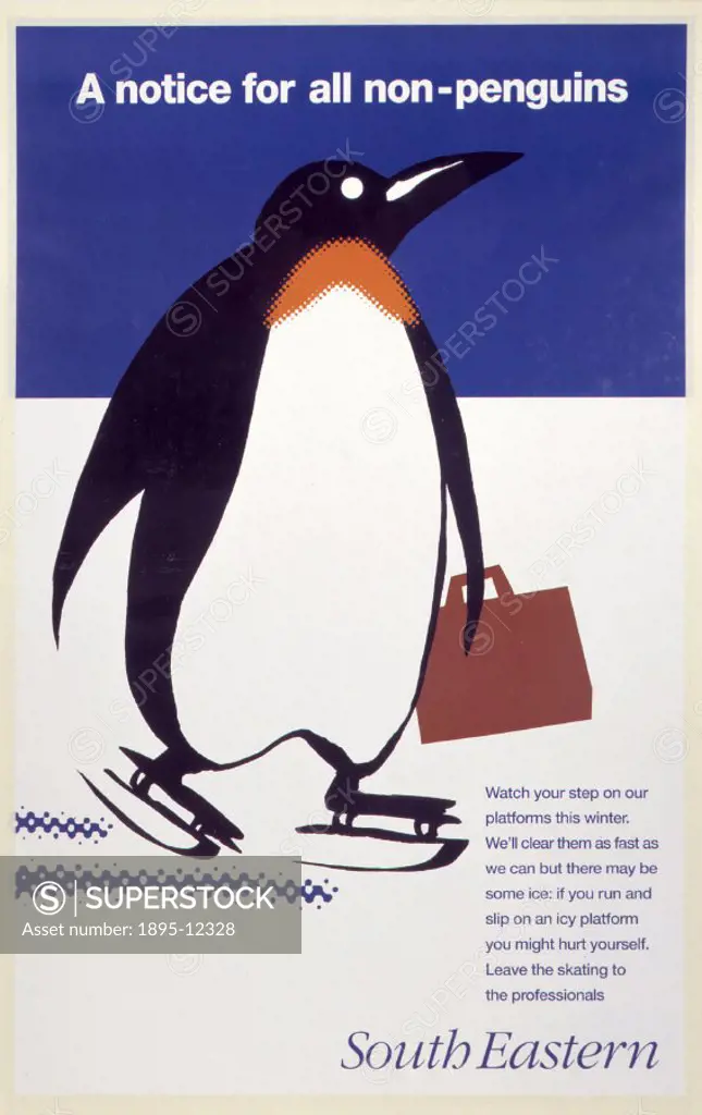 Poster produced for British Rail (BR) South Eastern Region, to warn passengers of the dangers of icy platforms during winter. The poster shows a carto...
