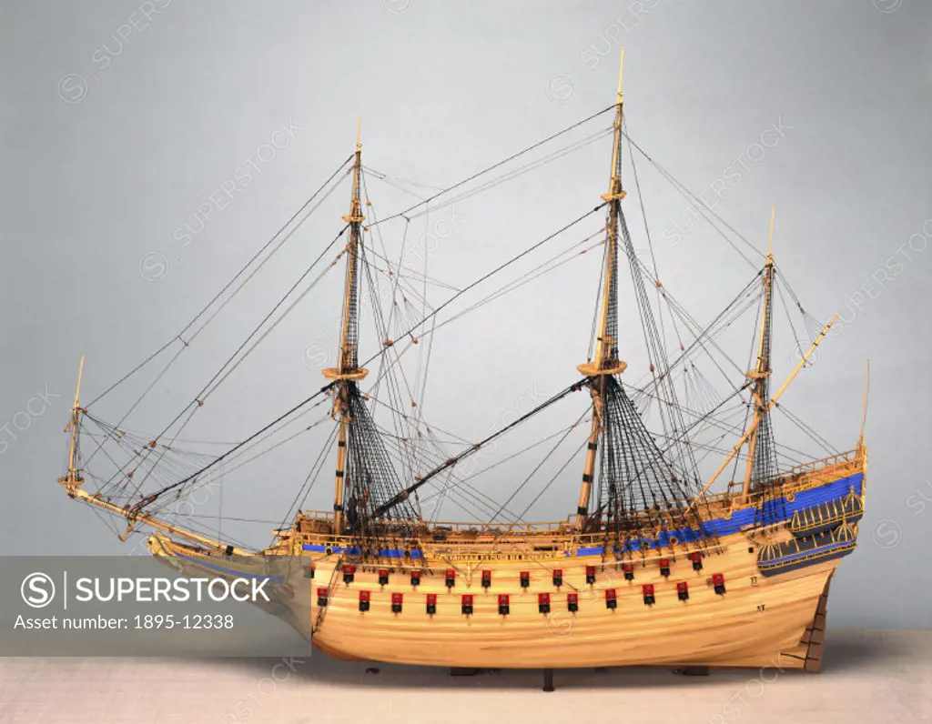 Model (scale 1:50). This Swedish 64-gun warship sank on her maiden voyage in 1628, 1500 yards from shore. The cause of her loss was lack of stability,...