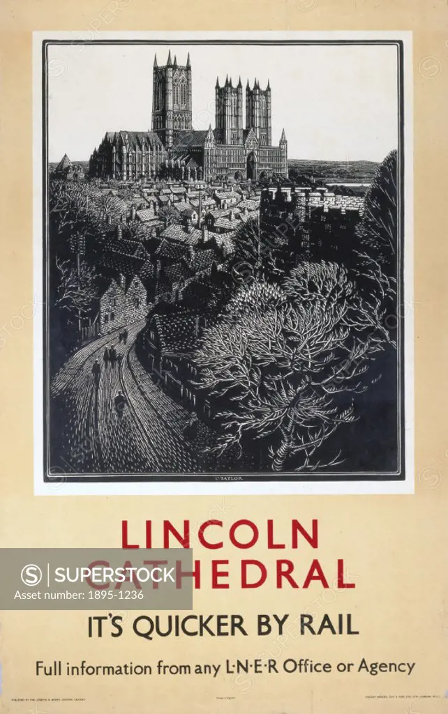 Poster showing a black and white lithograph of Lincoln Cathedral, Lincolnshire, produced for the London and North Eastern Railway (LNER). Printed by V...