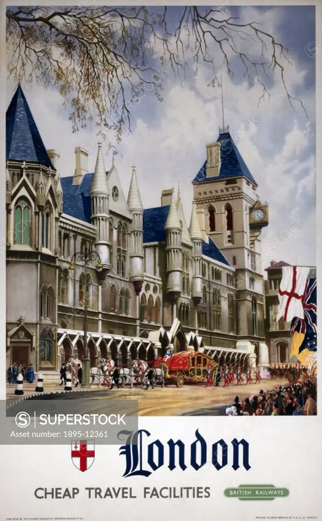 Poster produced for British Railways (BR), showing the Lord Mayor´s procession outside the London Law Courts. This 19th century neo-gothic building wa...