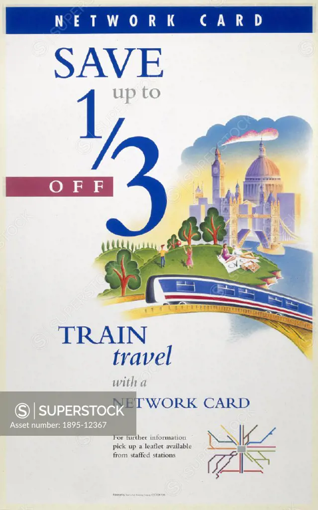 Poster produced for British Rail (BR) to promote reductions on train travel with a network card, and showing a stylised illustration of London´s Landm...