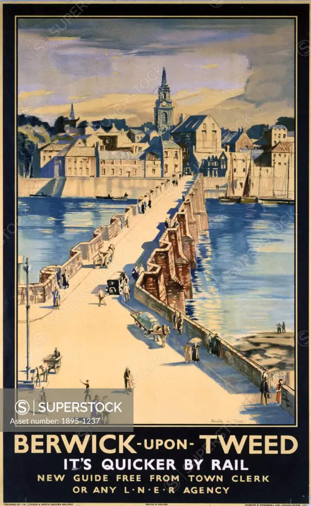 London & North Eastern Railway poster showing a bridge over the River Tweed, with the town in the background. Artwork by artist Henry Rushbury.