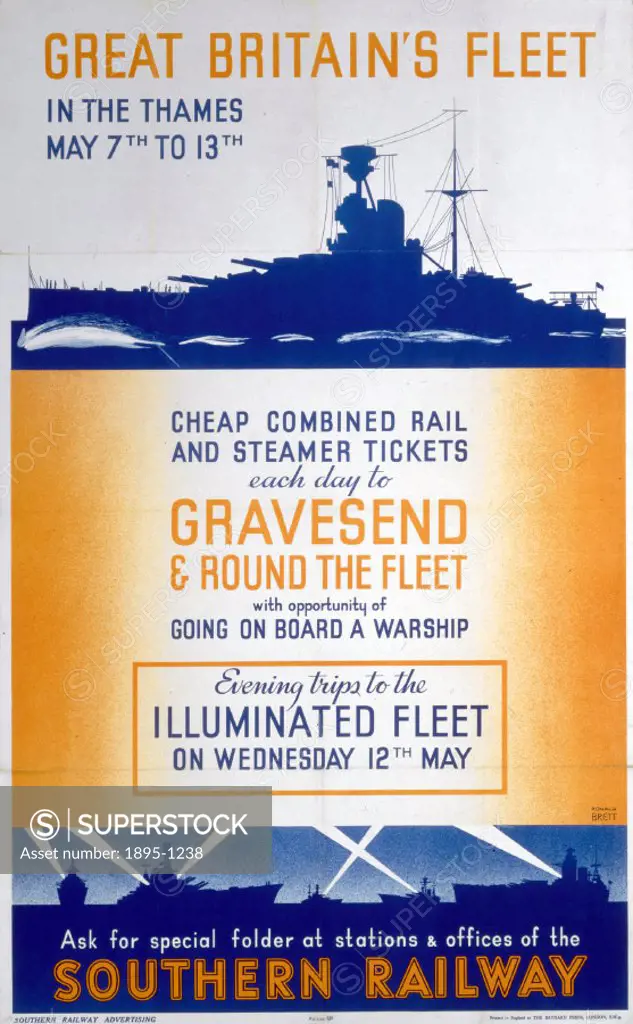 SR Poster: Great Britains fleet in the Thames. May 7th to 13th. Silhouettes of Battleships bordering top and bottom of poster. Announcement in centre,...