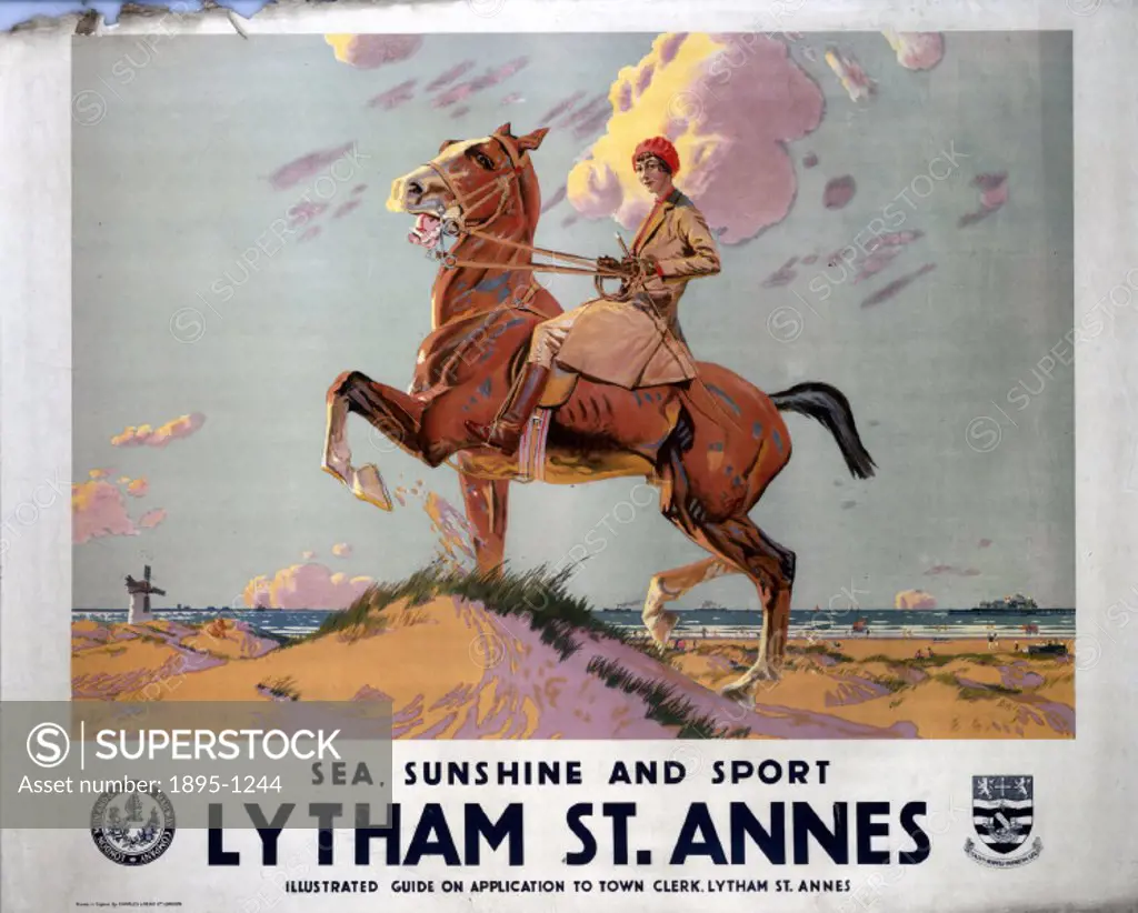 Poster produced for the London, Midland & Scottish Railway (LMS) to promote rail travel to Lytham St Annes, Lancashire. The poster shows a woman in ri...