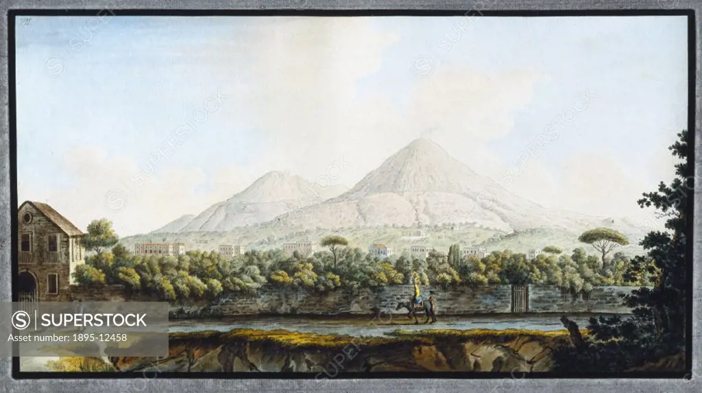 Hand-coloured etching by Peter Fabris (active 1768-1779). Illustrated plate from William Hamilton´s study of Italian volcanoes, ´Campi Phlegraei´ (pub...