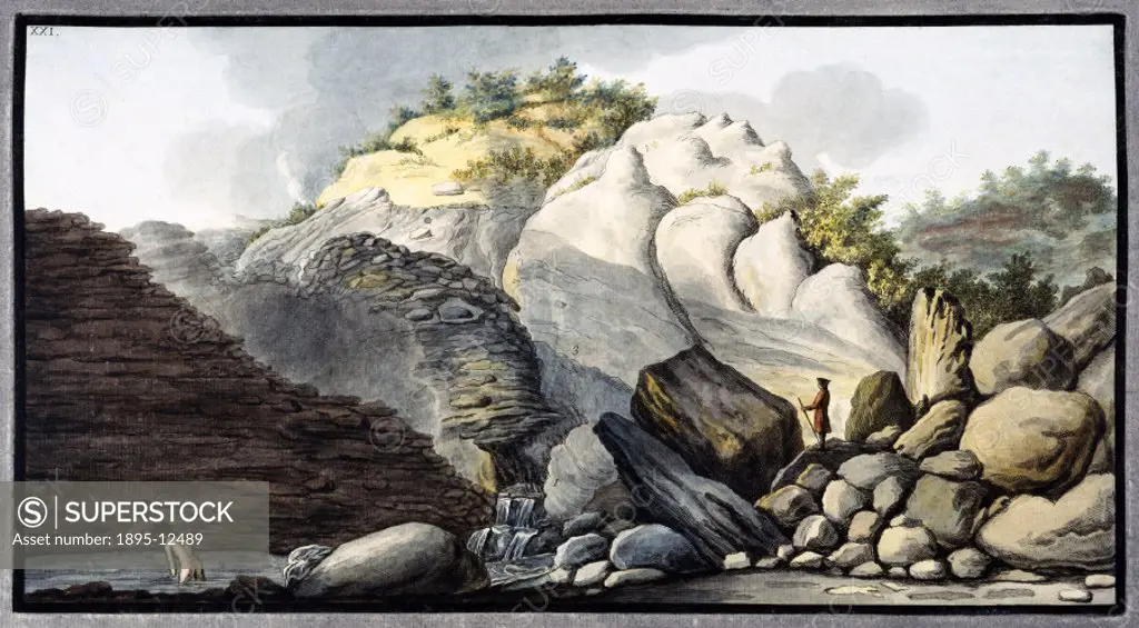 Hand-coloured etching by Peter Fabris (active 1768-1779). Illustrated plate from William Hamilton´s studies of Italian volcanoes, ´Campi Phlegraei´ (p...