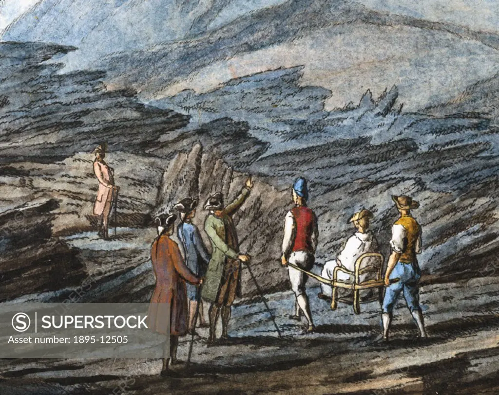 Detail of hand-coloured etching by Peter Fabris (active 1768-1779) and taken from William Hamilton´s study of Italian volcanoes, ´Campi Phlegraei´ (pu...