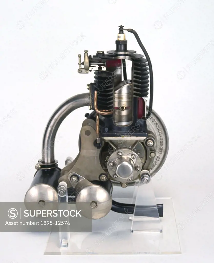 Sectioned example of an engine used mostly on lightweight motorcycles. It operated on the Clerk cycle and included improvements patented by The Villie...