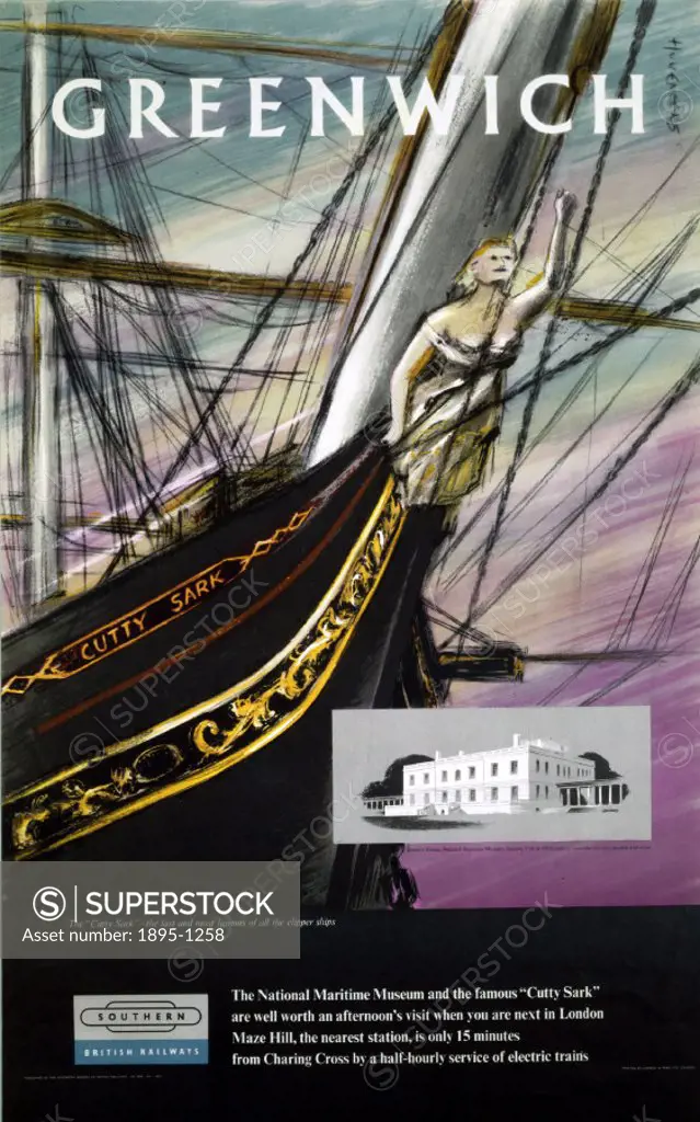 British Railways, Southern region poster showing views of the Cutty Sark and Queen´s House. Artwork by Huveneers and Lander. Printed by Charles & Read...