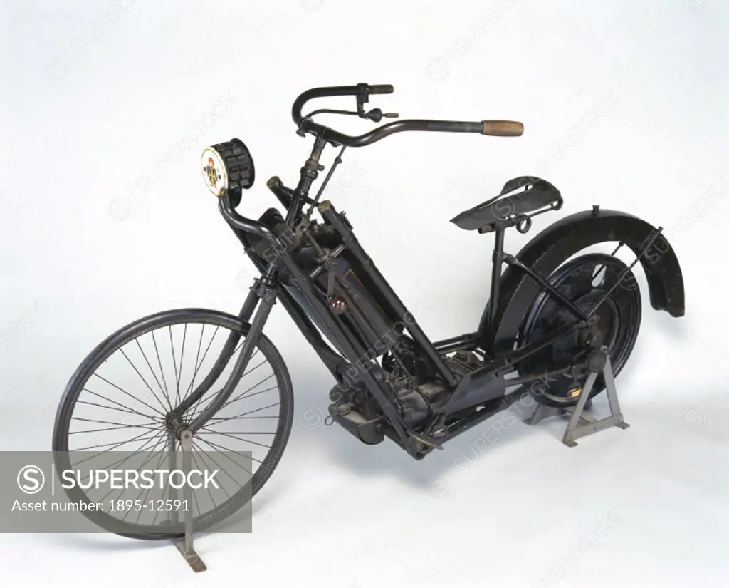 This is a petrol motor bicycle of the type patented in 1894 by Alois Wolfmuller and Hans Geisenhof, and made by Hildebrand and Wolfmuller of Munich. I...
