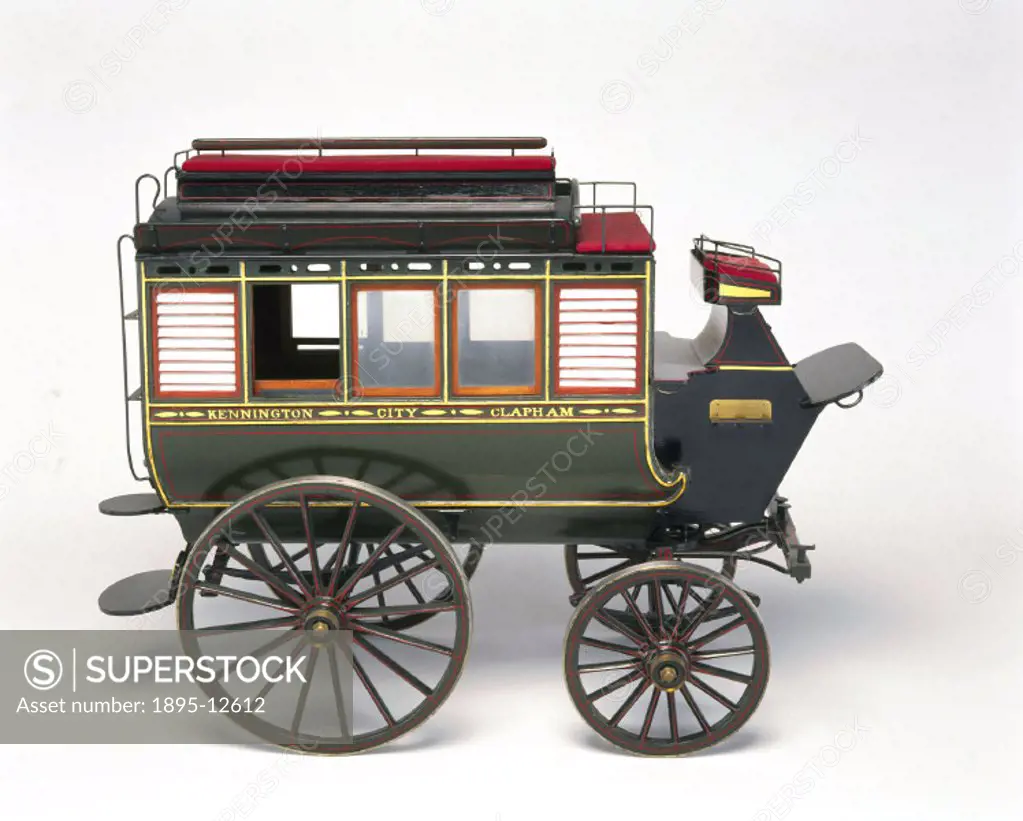 Model (scale 1:6). One of the types of horse-drawn omnibus used in London in 1855. The so-called Knifeboard’ is the low longitudinal roof seat, which...