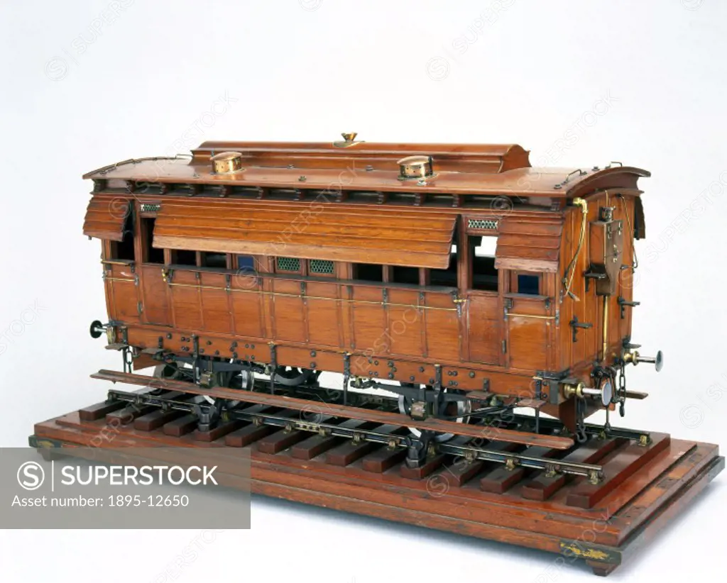 Great Indian Peninsula railway carriage, c 1871. Model (scale 1:12). Built entirely of teak, this carriage was fitted with an air cooling and ventilat...