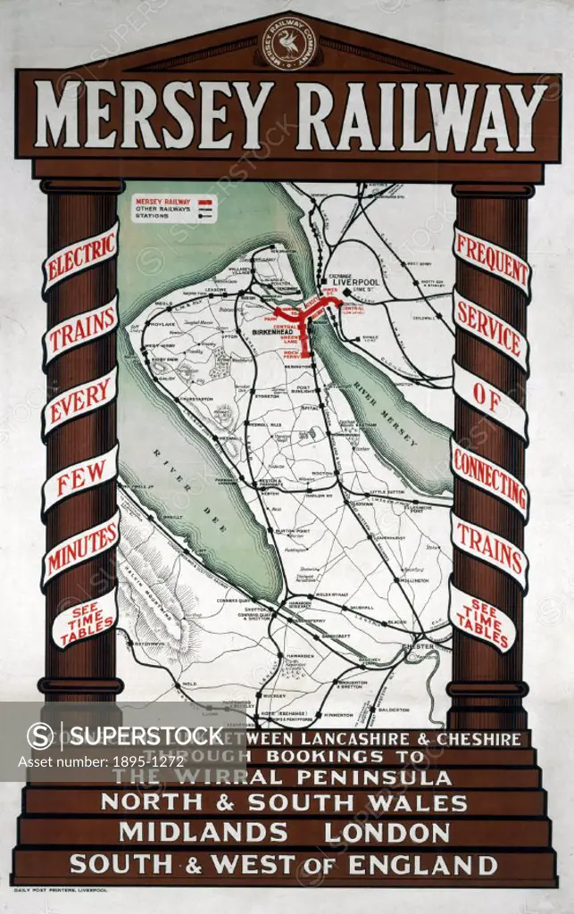 Mersey Railway poster promoting the Connecting Link between Lancashire and Cheshire’ and showing a map of the Mersey Railway system and connecting li...