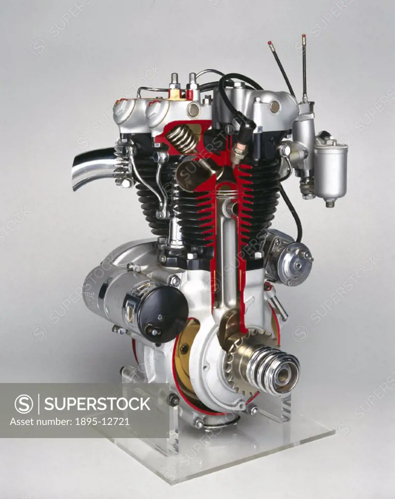 Sectioned vertical twin-cylinder 500cc engine. The prototype was designed by Edward Turner, and went into production in 1938. The engine has two paral...