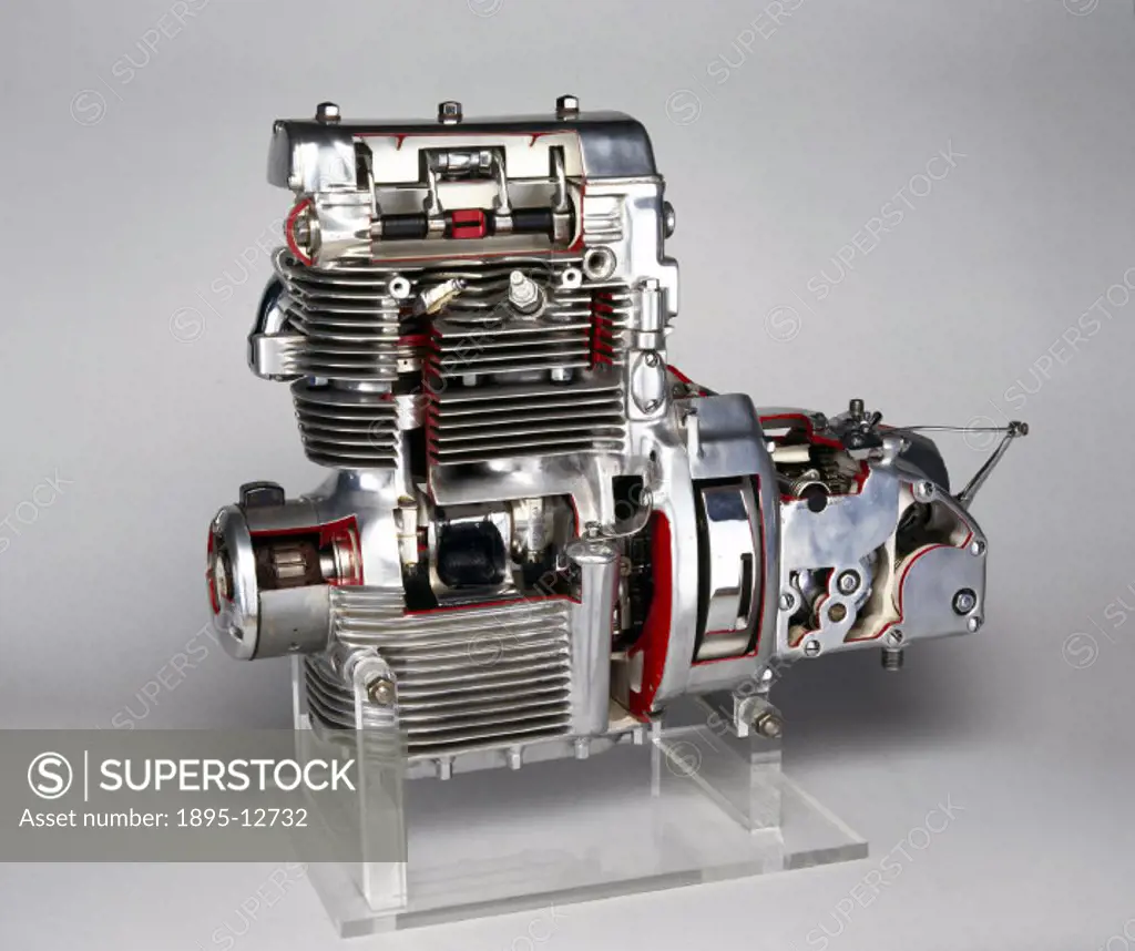 This was the engine for the Sunbeam S7 motorcycle designed by Erling Poppe and first produced in 1947. It has two cylinders in-line and the cylinder b...