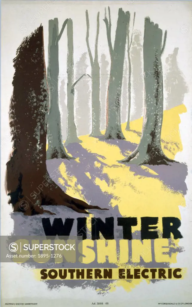 SR poster. Winter Sunshine, 1935. Woodland scene with sunshine filtering between trees. 1010 x 635mm. PRINTER: McCorquodale & Co Ltd. London
