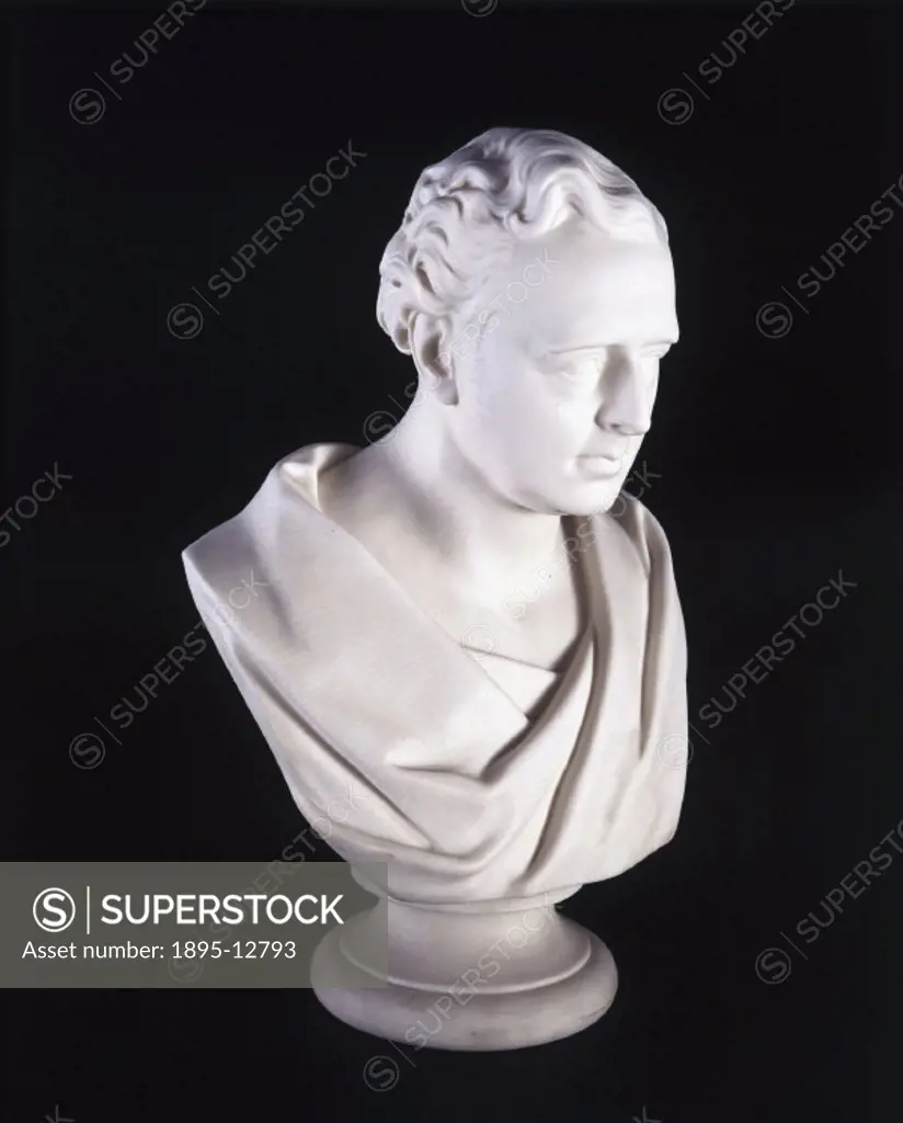 Parian ware bust of Robert Stephenson (1803-1859), English engineer and the son of George Stephenson (1781-1848), whom he assisted with the survey of ...