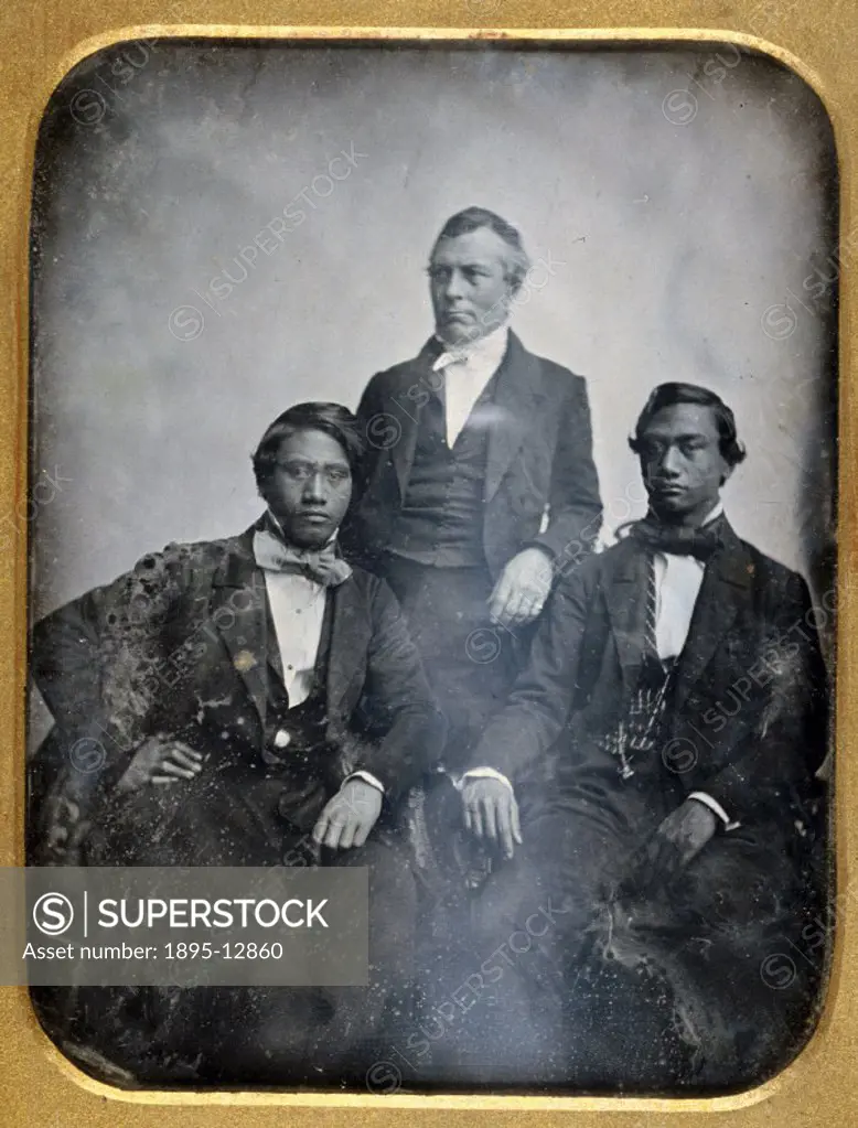 ´A daguerreotype by Southworth and Hawes, showing Princes Alexander Liholiho and Lot Kamehameha, together with Gerrit Parmele Judd, an American missio...