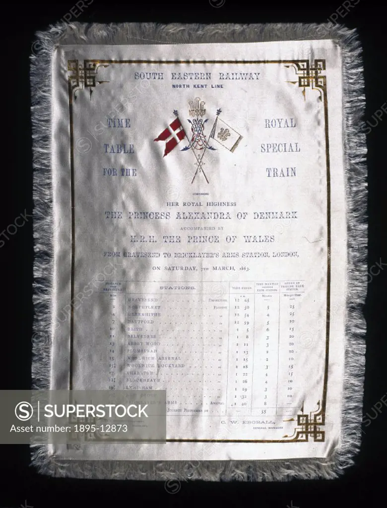 This timetable was produced for the journey of the Prince of Wales and Princess Alexandra of Denmark from Gravesend, Kent to Bricklayers Arms, London ...