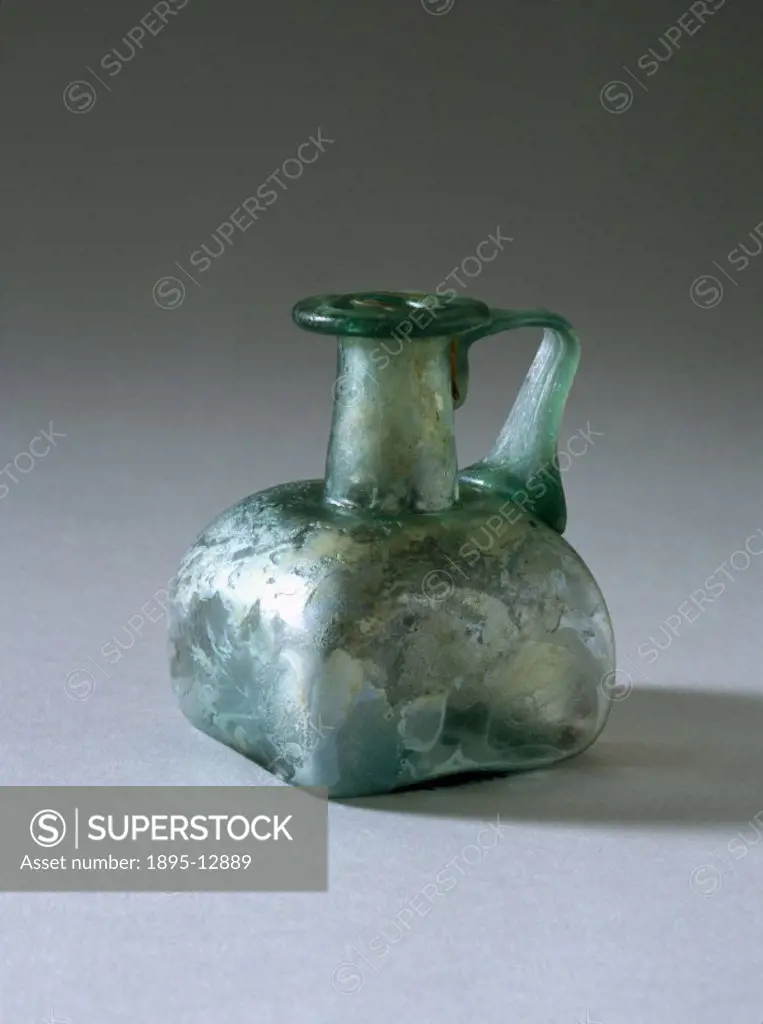 Roman glass bottle with handle, 251-450 AD.