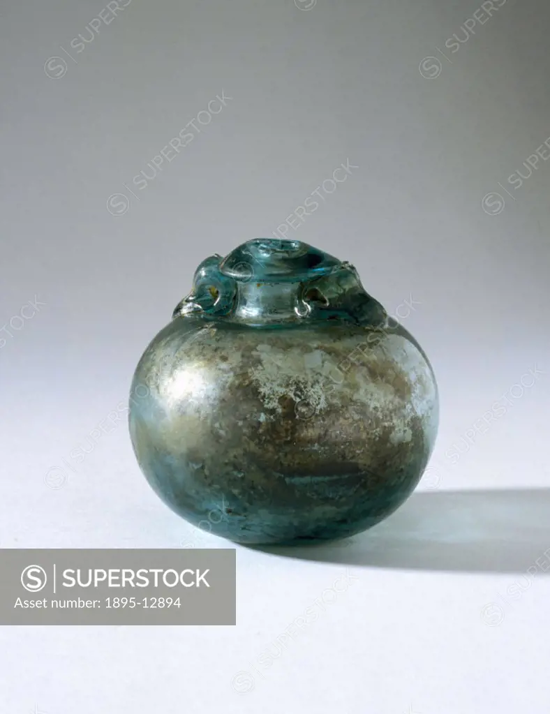 This spherical bottle is approximately seven centimetres in diameter. Glass vessels replaced stonware for conserving things,  particularly wine and al...