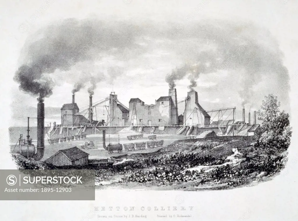Lithograph by J D Harding of the Hetton colliery which was started in 1819, and opened in 1822. The colliery was notable for being the home of the fir...